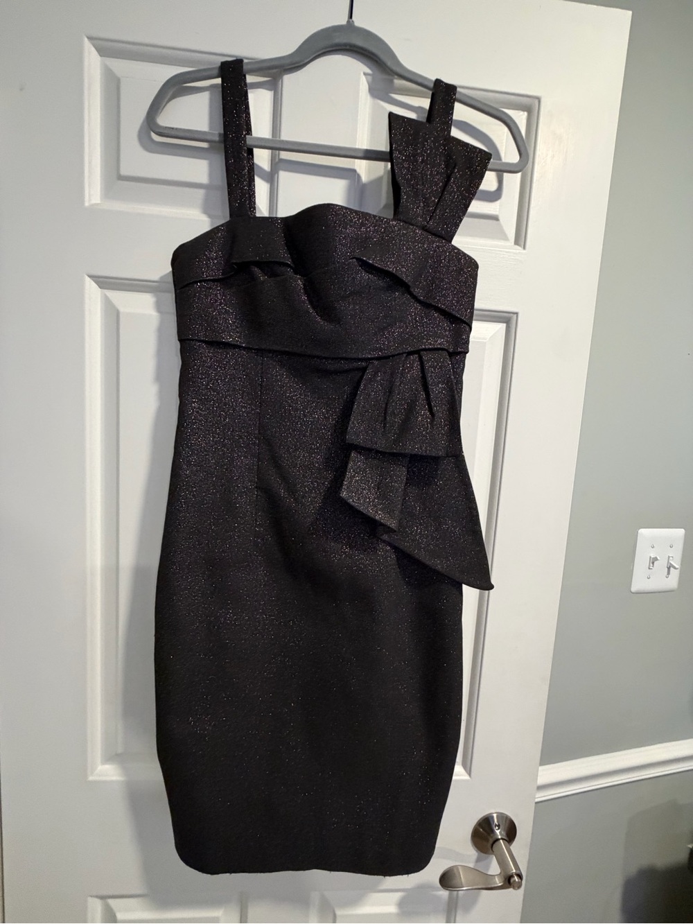 Trina Turk Black Sparkle Sheath Dress with Side Ruffle